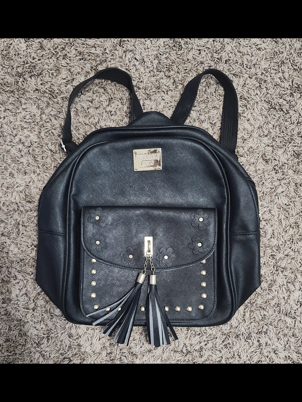 Black Faux Leather Mini Backpack with Tassel Detail